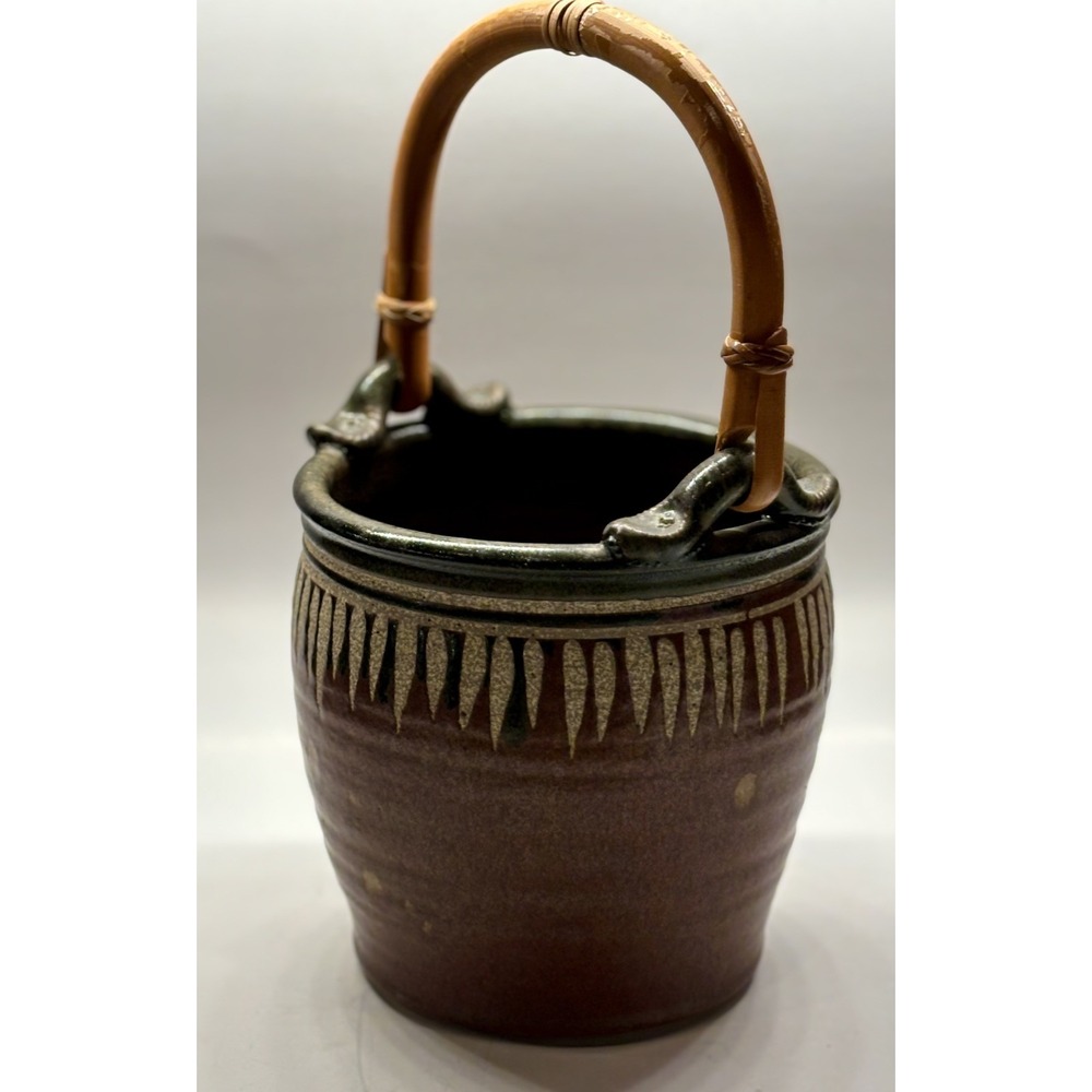 Studio Art Pottery Basket Bamboo Handle Stoneware Crock Vase Artist Signed